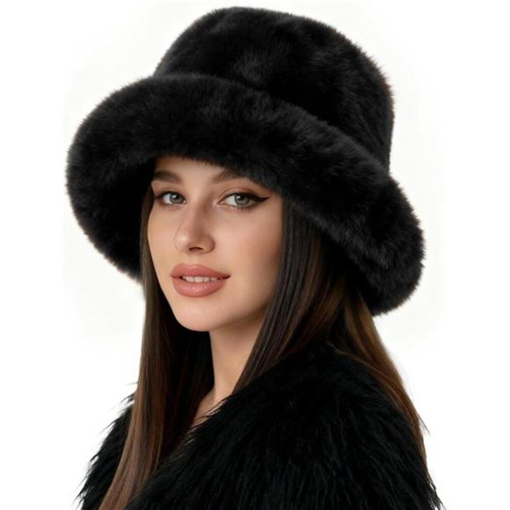 Women's Fuzzy Bucket Hat, Faux‎ Fur Wide Moldable Brim Hat Warm Fisherman